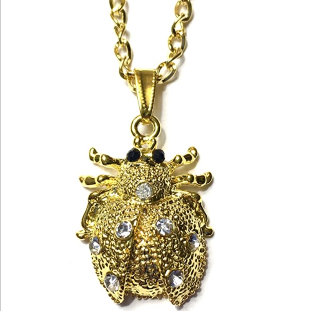 Ladybug Necklace Gold Tone Clear Rhinestones